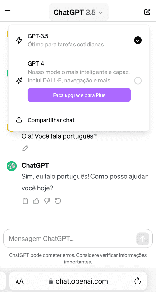 Fiz a pergunta ao chat “Olá! Você fala português?”, para o qual o ChatGPT respondeu “Sim, eu falo português! Como posso ajudar você hoje?”.