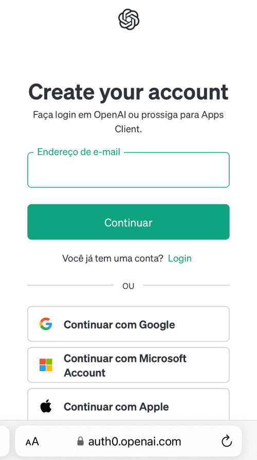 Siga o link para iniciar o registro: https://chat.openai.com/auth/login.