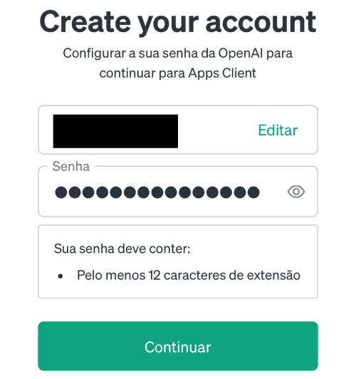 Informe seu endereço de e-mail e crie uma senha com no mínimo 12 caracteres.